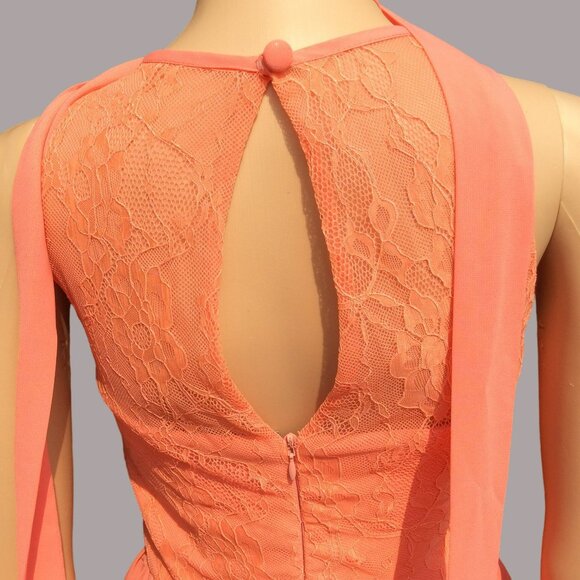 Cocomelody Size 2 Coral Sleeveless Dress Lace Chiffon Flowy Fairy Beachy Halter - Picture 4 of 13